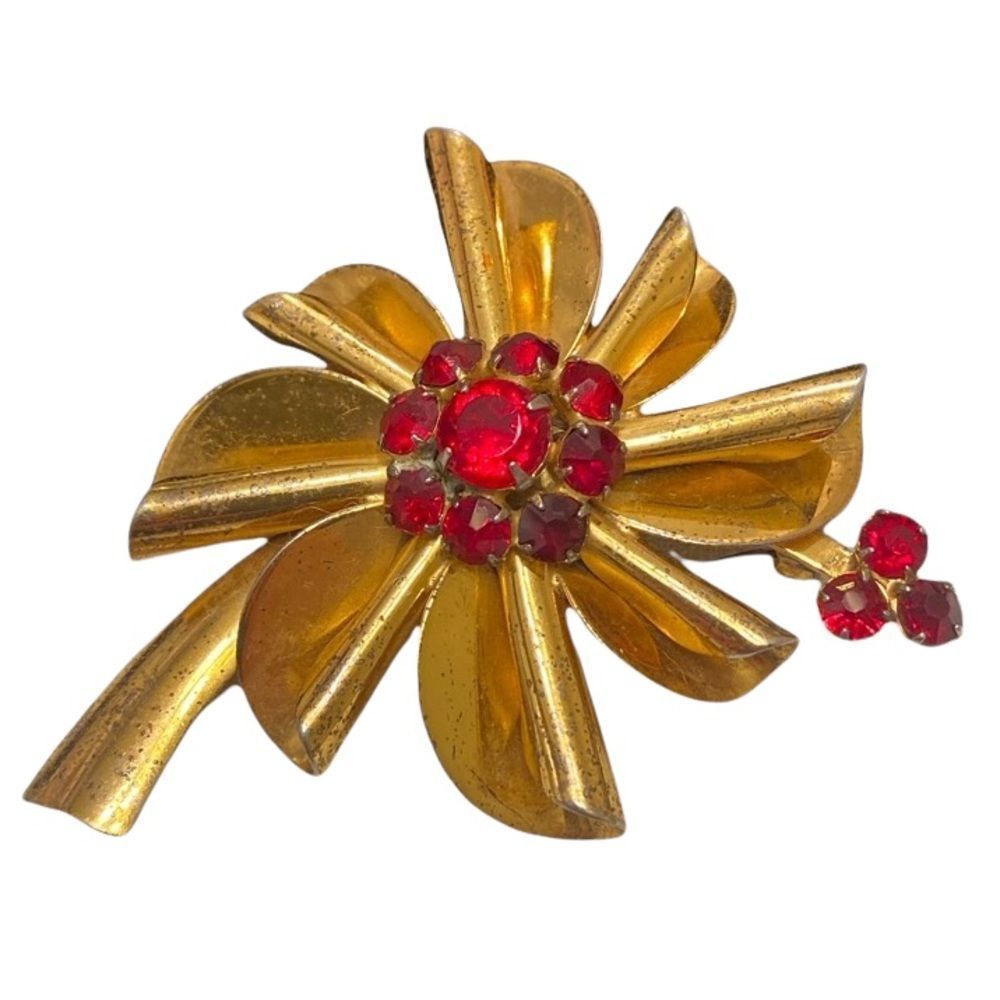 Vintage 1940’s Sterling Silver Gold Overlay Large Flower Brooch With Rhinestones